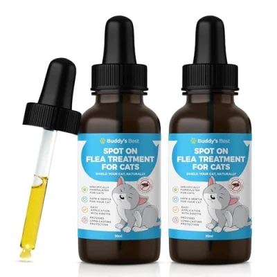 Image of Twin Pack Spot On 50ml Natural Flea &amp; Tick Repellent for Cats with Precision Pipette Safe Herbal Extract Formula Effective Defence