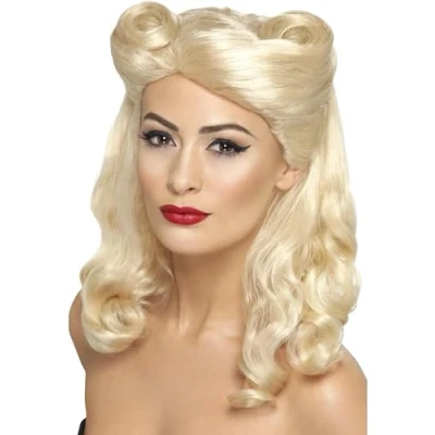 Image of Smiffys 40s Pin Up Wig, Blonde with Victory Rolls, 1940&#039;s Wartime Fancy Dress, 1940s Dress Wigs