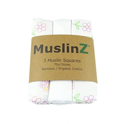 Image of MuslinZ 3PK Baby Muslin Squares, Burp Cloths, Newborn Essentials, Soft Bamboo/Organic Cotton 70 x 70cm (Flower)