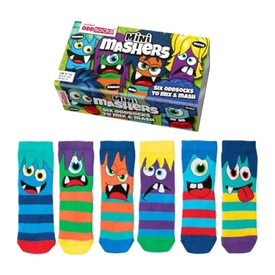Image of United Oddsocks Pack of 6 Mix &amp; Match Kids Socks, Novelty Socks for 4 years old, Size UK 9 12 (EU 27 30) (UK, Age, One Size, Mini Mashers)