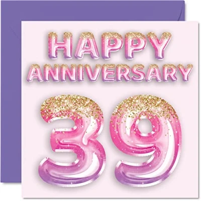 Image of Pretty 39th Anniversary Card for Wife Girlfriend Husband Boyfriend Pink Purple Glitter Balloons Happy 39 Cards from Family, 145mm x Greeting Thirty Ninth Anniversaries