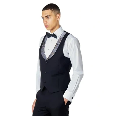 Image of Xposed Mens Formal Black Waistcoat GREY Blue Floral Printed Lapel [WC V83709 3 JASON BLUE, UK/US 54 EU 64]