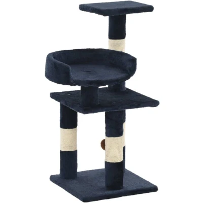 Image of vidaXL Blue Cat Tree Plush Fitted, with Sisal Covered Scratching Posts, Hanging Ball Toy, Relaxation Areas Fun and Exercise for your Furry Friend
