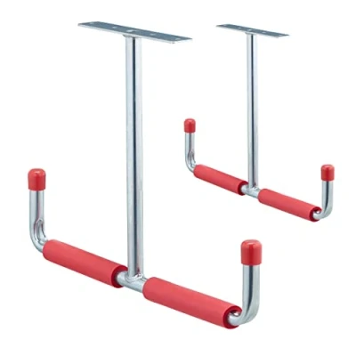 Image of Relaxdays Garage Ceiling Hook Set of 2, T Shape, up to 25 kg, for Storage, Steel with Padding, HxW: 30x42 cm, Silver Red