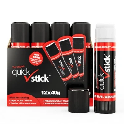Image of Quick Stick Glue Pack of 12 x 40g Multipack Strong Hold Original Quality Adhesive Safe Sticks for School &amp; Children, Crafting Glue, Scrapbooking, Office, supplies and Much More
