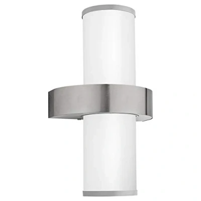 Image of Eglo Beverly 2 Flame Outdoor Wall Light, Silver Coloured Stainless Steel and White Satined Glass Exterior Porch Lighting, E27 Socket, IP44