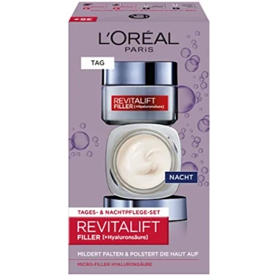 Image of L&#039;Oréal Paris Facial Care Set, Anti Ageing Hyaluronic Day Cream and Night Against Wrinkles, with Micro Filler Acid, Revitalift Filler, 2 x 50 ml