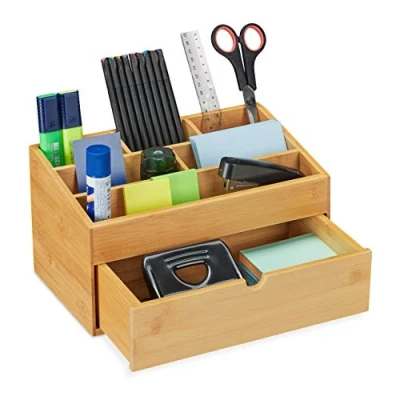Image of Relaxdays Desk Organiser, Drawer, 6 Compartments, Dimensions H x W D: 15 28 16.5 cm, Bamboo, Natural
