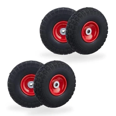 Image of Relaxdays Wheelbarrow Tyres, Set of 4, Puncture Proof Rubber, 4.1/3.5 4&quot;, up to 150 kg, 260x85mm, Spare Wheel, Black/Red, 26 x 8.5 cm