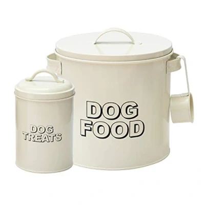 Image of Retro Vintage Styled Antique Cream 3PC Round Metal Dog Food Storage Sets: Tin, Treats Tin &amp; Serving Scoop