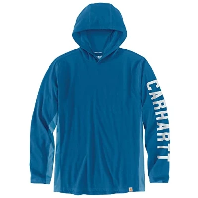 Image of Carhartt Men&#039;s Force Relaxed Fit Midweight Long Sleeve Logo Graphic Hooded T Shirt, Marine Blue, S