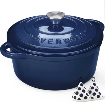 Image of Overmont 26cm/5.2L Enamelled Cast Iron Round Casserole Dish With Lid,5.5QT, Cookbook Non stick Dutch Oven for Braising, Stews, Roasting, Bread Baking Indigo