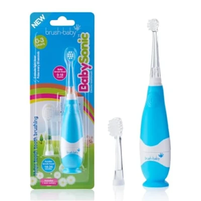 Image of New brush Baby Blue BabySonic Toddler Electric Toothbrush, Extra Soft bristles, 2 Minute Timer and LED Light up Toothbrush Head for Ages 0 3