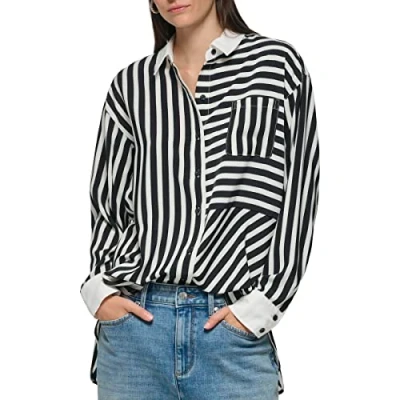 Image of KARL LAGERFELD Women&#039;s Soft Long Sleeve Stripe Everyday Fashion Sport Blouse, Black, White, SFT, S