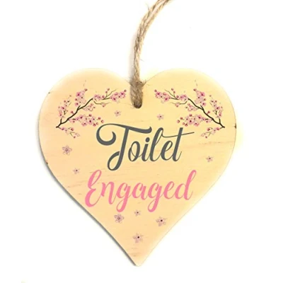 Image of Engaged Vacant Toilet Door Sign Double Sided Wooden Heart Shaped Plaque Decorative Cherry Blossom Design by Maisie Moo Includes Hanging Twine