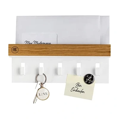 Image of AE GÜNTHER® Wooden Key Holder Black Steel Oak Organiser with Shelf Ring Box Wall Rack (White)