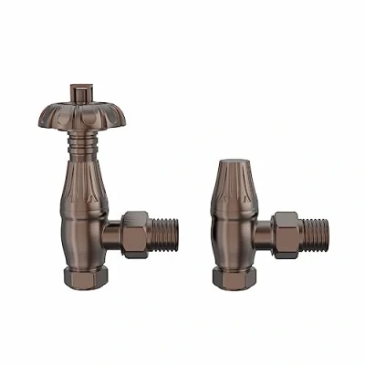 Image of NRG Traditional Antique Angled Central Heating Radiator Valve 15mm Thermostatic Lockshield Valves Copper