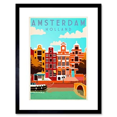 Image of Wee Blue Coo Travel Amsterdam Holland Netherlands Canal Bridge Boat House Art Framed Wall Print