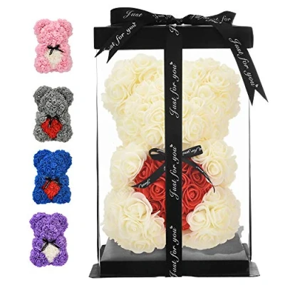 Image of Rose Bear Teddy 10 inch Hugz Flower Over 250 Dozen Artificial Flowers unique gifts, gifts for women Clear Gift Box (milk white)
