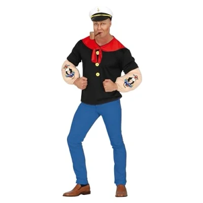 Image of FIESTAS GUIRCA Iron Arms Sailor Fancy Dress Costume Muscular Seaman Uniform with Hat for Men Size L