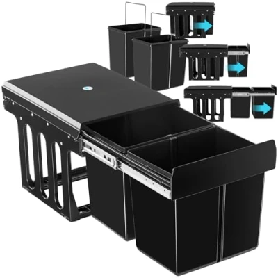 Image of TecTake® Kitchen Bin with 2 Compartments for Easy Waste Separation, Compact &amp; Robust Bins Carrying Handles Telescopic Rails full Extension, 30L Capacity, Setup x 15L