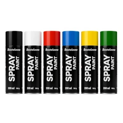 Image of 6 x 200ml Spray Paint Set Quick Dry Paints for Wood, Stone, Wall, Metal, Glass Ideal Repairs, Graffiti etc. Glossy, Can, High Gloss,