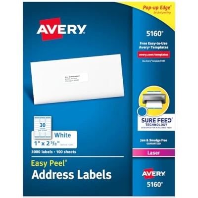 Image of Avery 5160 White Self Adhesive Address Labels (White, Labels, Laser, Rectangular with Rounded Corners, 3000 Items, 100 Sheets)