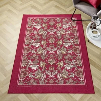 Image of Dreams &amp; Drapes Red William Morris Rug (180 x 120cm) Low Pile (Hypoallergenic) Machine Washable Non Slip Bohemian with Birds Florals Damask for Living Room/Bedroom