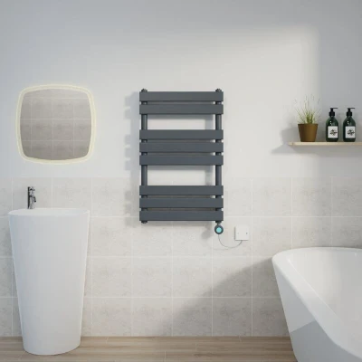 Image of Warmehaus 800x500mm Sand Grey Designer Flat Panel Electric Heated Towel Rail Thermostatic Timer Bathroom Radiator 400W