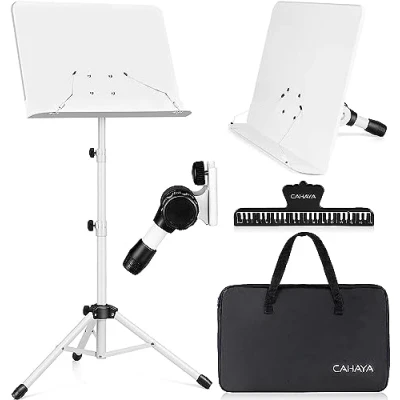 Image of CAHAYA Metal Music Stand Foldable Height Adjustable &amp; Table 2 in 1 Dual Use with Waterproof Carry Bag, White CY0194