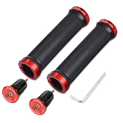 Image of TOPCABIN Bike Grips Double lock on Locking Bicycle Handlebar Cycle Mountain BMX Floding ((Aluminum plug+Grips) Red 1 Pair)