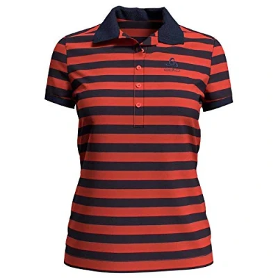 Image of ODLO Concord Women&#039;s Polo Shirt, womens, 550751, Hot Coral Diving Navy Stripes, M