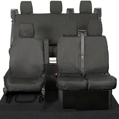 Image of My Van Seat Covers MVSC102B 131B Tailored Waterproof Front &amp; Rear (6 Seater WITH Pull Down Tray) Black To Fit Ford Transit Custom DCIV 2013 2023
