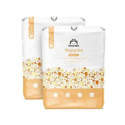 Image of Amazon Brand Mama Bear Ultra Dry Nappies, Size 3 (4 9 kg), 172 Count (2 Packs of 86), White, Monthly Pack