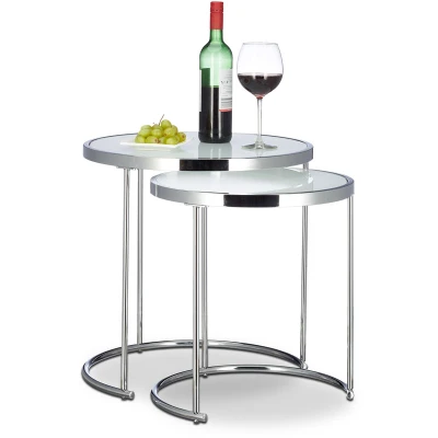 Image of Relaxdays Nesting Tables Round/Chrome Frame/Set of 2/Modern Design Frosted Glass/Side Table End Tables, Metal/Silver