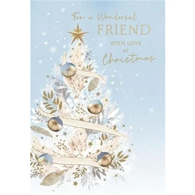 Image of UK Greetings Wonderful Friend Christmas Card Decorated Tree with foil and embossed details Eco Friendly, 230 x 150mm