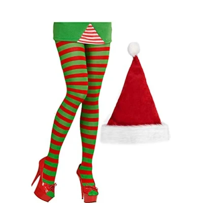 Image of labreeze Christmas Red Green Santa Helper Striped Tights Hat Xmas Fancy Dress
