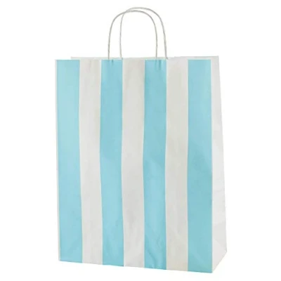 Image of Thepaperbagstore 10 LIGHT BLUE &amp; WHITE STRIPES PAPER RE USABLE SHOPPING BAGS WITH STRONG TWISTED HANDLES Medium 250x110x310mm