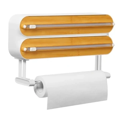 Image of Magnetic Cling Film Dispenser and Cutter Advanced 3 in 1 Wall Mounted Kitchen Roll Holder, Quasziwa Refillable Wrap &amp; Aluminium Foil with Paper Towel Holder Fits 12&quot; Roll, White