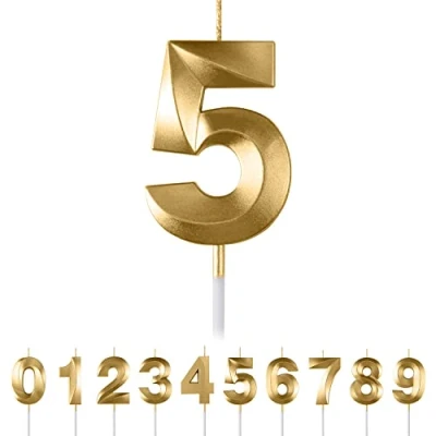 Image of Birthday Candles Numbers 5, Gold Candles, 3D Diamond Shape Cake Number 0 1 2 3 4 5 6 7 8 9 Glitter Topper Decoration for Wedding Anniversary