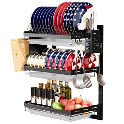 Image of Virgorack 3 Tier Large Wall Mounted Dish Drainer, Stainless Steel Rack, Drying Rack for Kitchen with Utensil Organizer（Black）