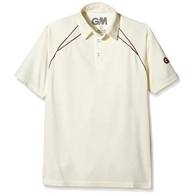 Image of Gunn &amp; Moore Boy&#039;s Teknik Club Short Sleeve Cricket Shirt Cream/Maroon, Small