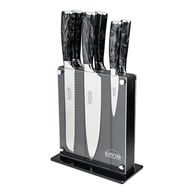 Image of Rockingham Forge RF 2160/7BK Sunrise Collection 7 Piece Knife Set, Premium Stainless Steel with Resin Handles Chef’s, Carving, Bread, Boning, Utility, Paring Knife, Black