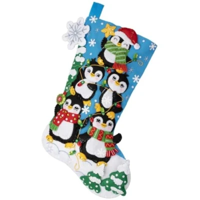 Image of Bucilla, Penguin Tree Trimming, Felt Applique 18&quot; Stocking Making Kit, Perfect for DIY Arts and Crafts, 89598E