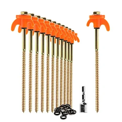 Image of com four® 12x tent pegs robust steel with thread and rope holder rock ground for camping outdoors hooks hard wood