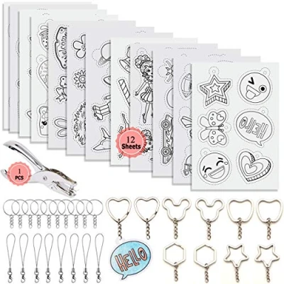 Image of YuChiSX Heat Shrink Plastic Sheet Kit,Shrinky Art Paper Kit Shrinky Sheets Include 12 with 100 Pcs Keychains Accessories for Kids Creative Craft