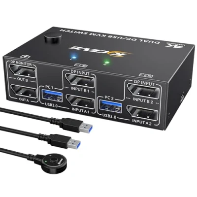 Image of 8K Displayport KVM Switch 2 Monitors Computers 8K@30Hz 4K@144Hz, MLEEDA Dual Monitor for Share and 4 USB 3.0 Device,Wired Remote Cables Included