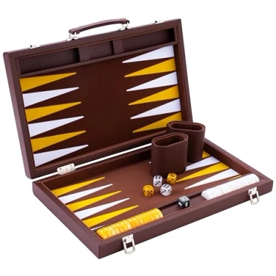 Image of Engelhart 250520 Luxury Backgammon Set 15&quot; faux leather exterior, interior special felt inlay pearly dice and token 2 tumblers