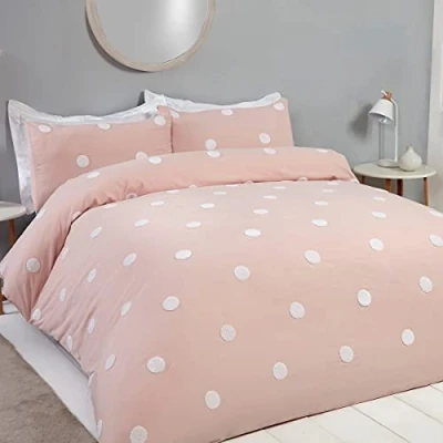 Image of Sleepdown Tufted Polka Dots Circles Blush Pink White Soft Cosy Easy Care Luxury Duvet Cover Quilt Bedding Set with Pillowcases Super King (260cm x 220cm)