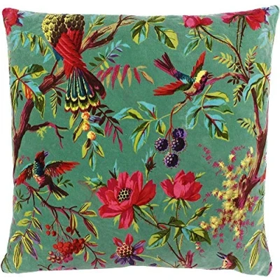 Image of Riva Paoletti Paradise Square Cushion Cover Aqua Blue Colourful Bird Print Velvet Fabric Machine Washable 100% Cotton 50 x 50cm (20&quot; 20&quot; inches)